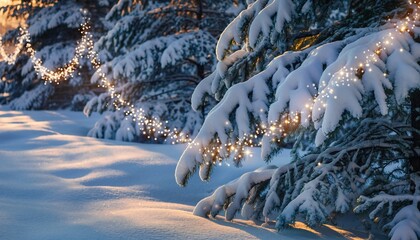 Magical golden fairy lights draped over snow covered pine trees