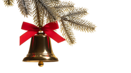 Golden Christmas bell with red ribbon on frosted pine branch metal