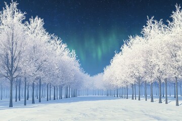 Snow covered trees line a snowy path beneath a vibrant night sky featuring an aurora