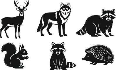Collection of monochrome woodland animal icons featuring deer, wolf, raccoon, squirrel, and hedgehog, isolated vector silhouettes for nature logos, wildlife symbols, and forest themes.