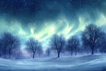 Striking celestial lights illuminate a silent, snow-covered winter landscape with barren trees.