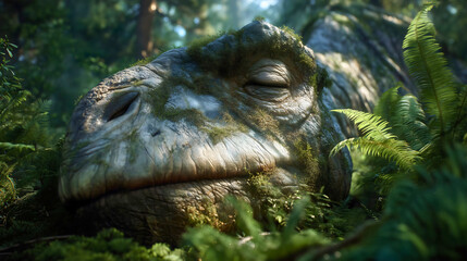 brachiosaurus, sleeping carefree in the summer forest, prehistoric dinosaurs.