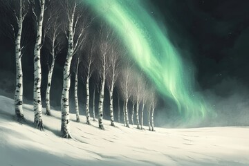 Row of bare deciduous trees stands beneath a vibrant green celestial light display over snowy terrain