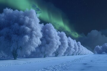 Row of frost-covered trees illuminates a snowy landscape beneath shimmering northern lights at night