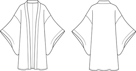 Minimal kimono robe technical flat illustration showing front and back views for fashion design sewing pattern vector template apparel artwork