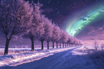 Row of frost covered trees lines a snowy path beneath a vibrant celestial light display