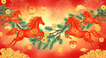 Obraz premium Illustration of orange horse with foliage, gold coins, and lantern on red background. Representative of Chinese New Year, celebrating prosperity