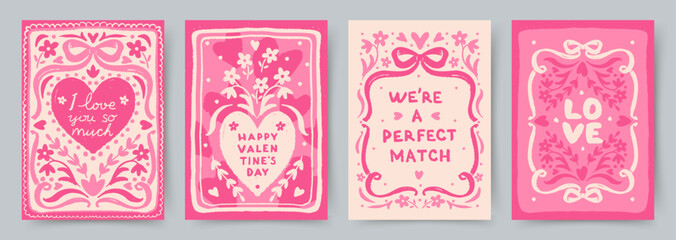 Сreative Valentine's Day greeting cards in trendy hand drawn doodle style with pink frames, sweet hearts,, bows, love letters. Vector template for advertising, branding, banner, cover, label, poster