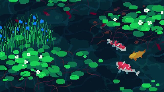 koi fish in the pond with lotus leaf animation in pixel art style background
