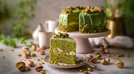 Creative food template. Torta al Pistacchio, rich moist pistachio cake slice, cover with crush nuts, crumb, green ganache cream frosting, plants leaves, on rustic country style setting. copy text spac