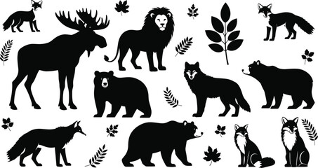 Set of black wild animal silhouettes including moose, lion, bear, wolf, and fox, featuring nature leaf elements for wilderness vector illustration design.