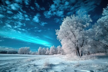 Stark white trees covered in frost stand over a snowy field beneath a dramatic blue sky