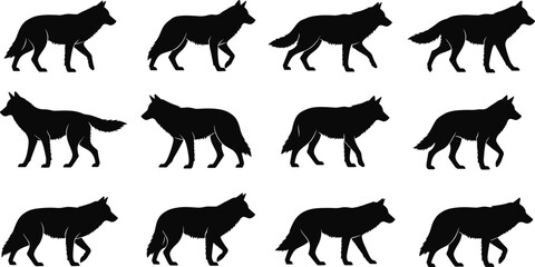 Wolf walking animation sprite sheet, wild animal silhouette vector illustration set, frame by frame motion cycle for game design and cartoon characters