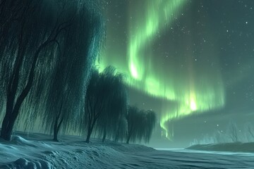 Ethereal green celestial lights illuminate a snowy landscape with dark foreground foliage at night