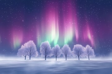 Brilliant natural light display illuminates a frosted winter landscape beneath a starry sky