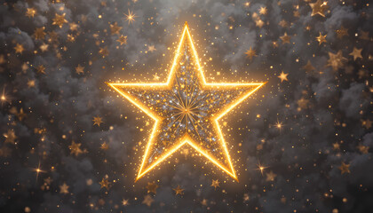 Golden star shining brightly in a magical night sky with sparkling stars