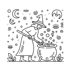 Witch stirring cauldron under magical night sky