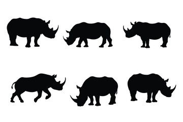 Set of Wild Rhinoceros Silhouettes in Different Poses