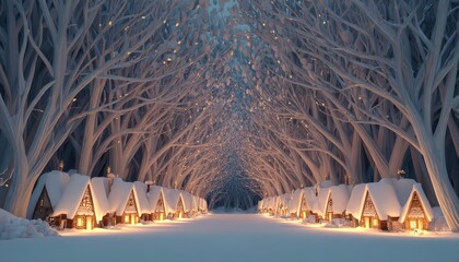 Charming snow-covered cottages line a path beneath an archway of frosty trees adorned with twinkling lights