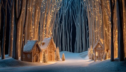 Edible fairy tale cottages nestled among illuminated white trees in a snowy forest setting