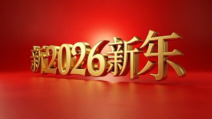 Golden 2026 chinese new year greeting with red background and shiny floor perspective view