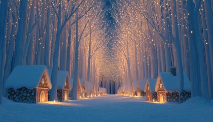 Enchanting illuminated pathway lined with snow-covered miniature dwellings winding through a frosty woodland