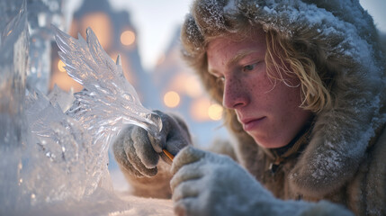 Artist carving ice sculpture at Krasnoyarsk Ice Sculpture Festival, winter scene