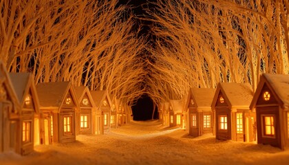 Miniature illuminated dwellings line a snowy pathway beneath an archway of pale, bare branches at night