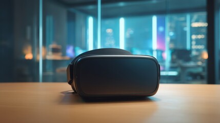 Virtual reality headset on desk, modern office technology concept