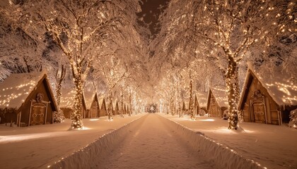 Illuminated pathway lined with snow-covered wooden structures and trees during a winter night