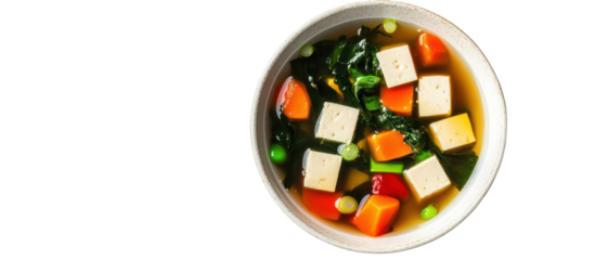 Healthy Japanese vegetable soups with tofu and seaweed low-fat on transparent background