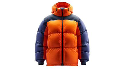 A two-tone orange and blue puffer jacket isolated on white background, a warm winter down coat with hood, insulated outerwear for cold weather, a fashion clothing concept.