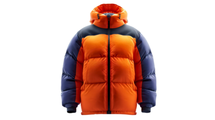A two-tone orange and blue puffer jacket isolated on white background, a warm winter down coat with hood, insulated outerwear for cold weather, a fashion clothing concept.