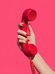 Vintage Communication: A hand with perfectly manicured nails delicately holds a retro red telephone receiver against a vibrant pink backdrop. The image exudes a sense of style and nostalgia.