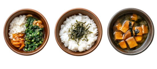 Japanese breakfast plates with rice fermented vegetables and side dishes on transparent background