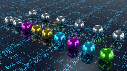 Abstract representation of digital network connections and data flow using colorful metallic spheres on a circuit board