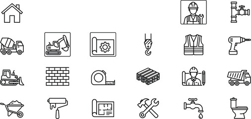 Big collection of linear icons about construction building and renovation with tools machinery and worker in black outline style © Mst