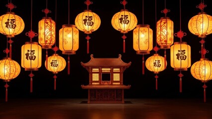 Vibrant Chinese Lanterns with Traditional Temple at Night Festival Scene