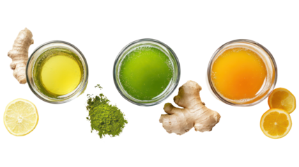 Japanese detox drinks with green tea yuzu water and ginger in glasses on transparent background