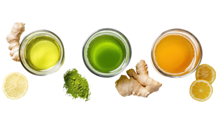 Japanese detox drinks with green tea yuzu water and ginger in glasses on transparent background
