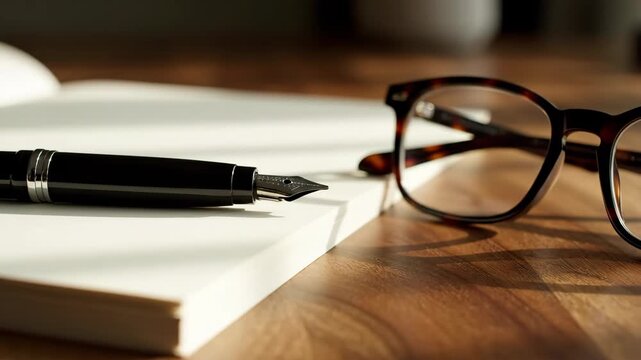 Fountain pen resting on an open notebook next to reading glasses, symbolizing writing, creativity, and productivity. Ideal for themes around education, journaling, or note-taking.
