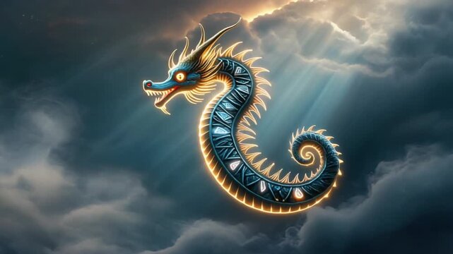 A stylized mythical dragon with glowing patterns in a dramatic cloudy sky with light rays.