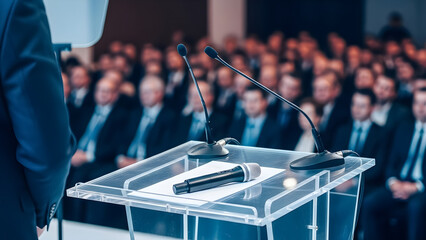 Empty podium with microphones awaits speaker addressing a large audience in a formal business conference setting