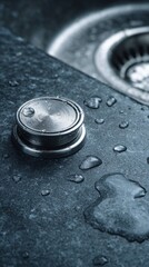 Obraz premium Button Battery on Wet Surface Closeup.