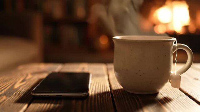 Hot cup of tea on wooden table beside smartphone. Concept of relaxation, comfort, and cozy indoor atmosphere. Useful for articles on lifestyle, wellness, or home decor.