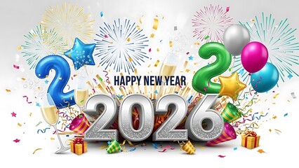 A vibrant New Year 2026 scene bursts with colorful balloons, exploding fireworks, and festive party decorations.
