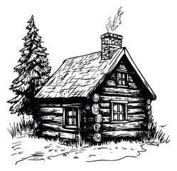 Naklejka premium Rustic cabin with tree black and white line art