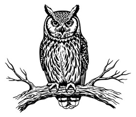 Fototapeta premium Vintage owl illustration with tree branch black and white line art