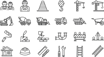 Black and white construction icons featuring workers, tools, vehicles, and equipment for building, infrastructure, and industrial design projects. © Mst