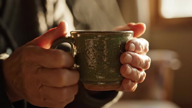 Person holding steaming coffee mug with both hands. Concept of warmth, comfort, and relaxation. Useful for themes around cozy home life and beverage enjoyment in a tranquil setting.